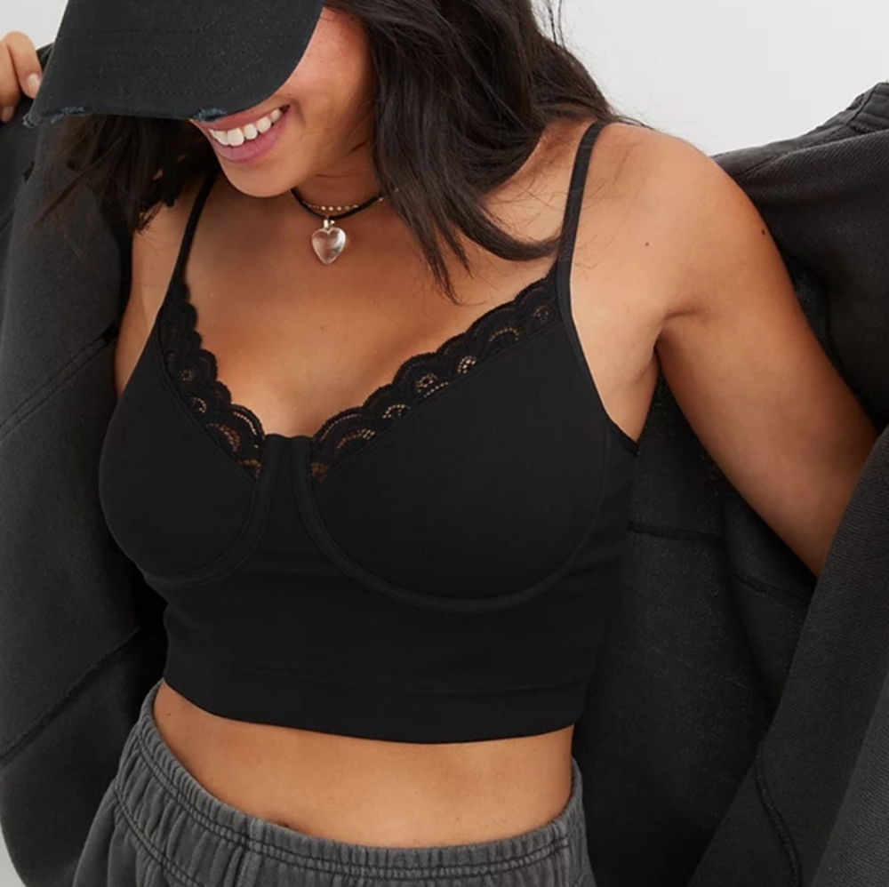 Aerie Real Good Superchill Seamless Corset Bralette Top Black Women's Large